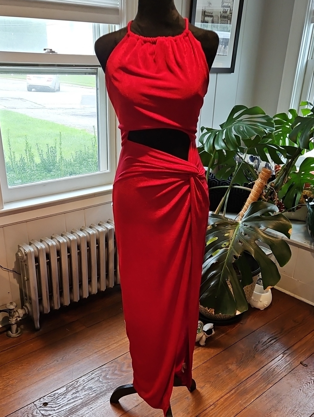 Fashion Nova Red Cutout Halter Maxi Dress